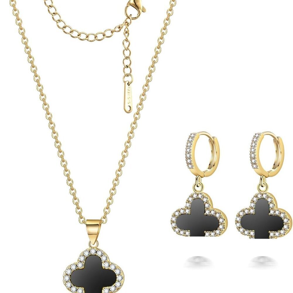 Clover Necklace and Earrings Set Gold Plated Lucky Jewelry for Women